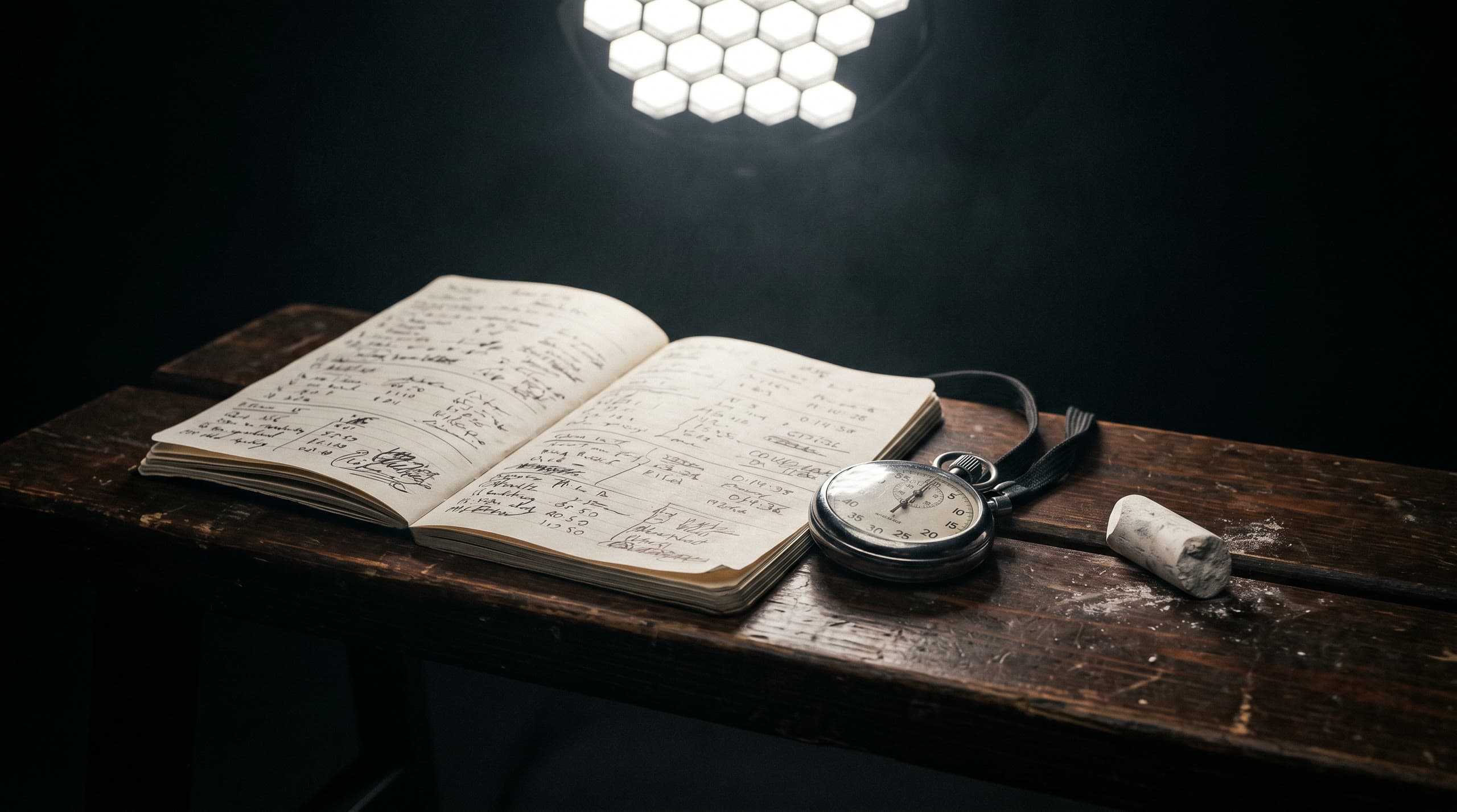 Open training log with handwritten numbers beside a stopwatch and chalk on a dark bench