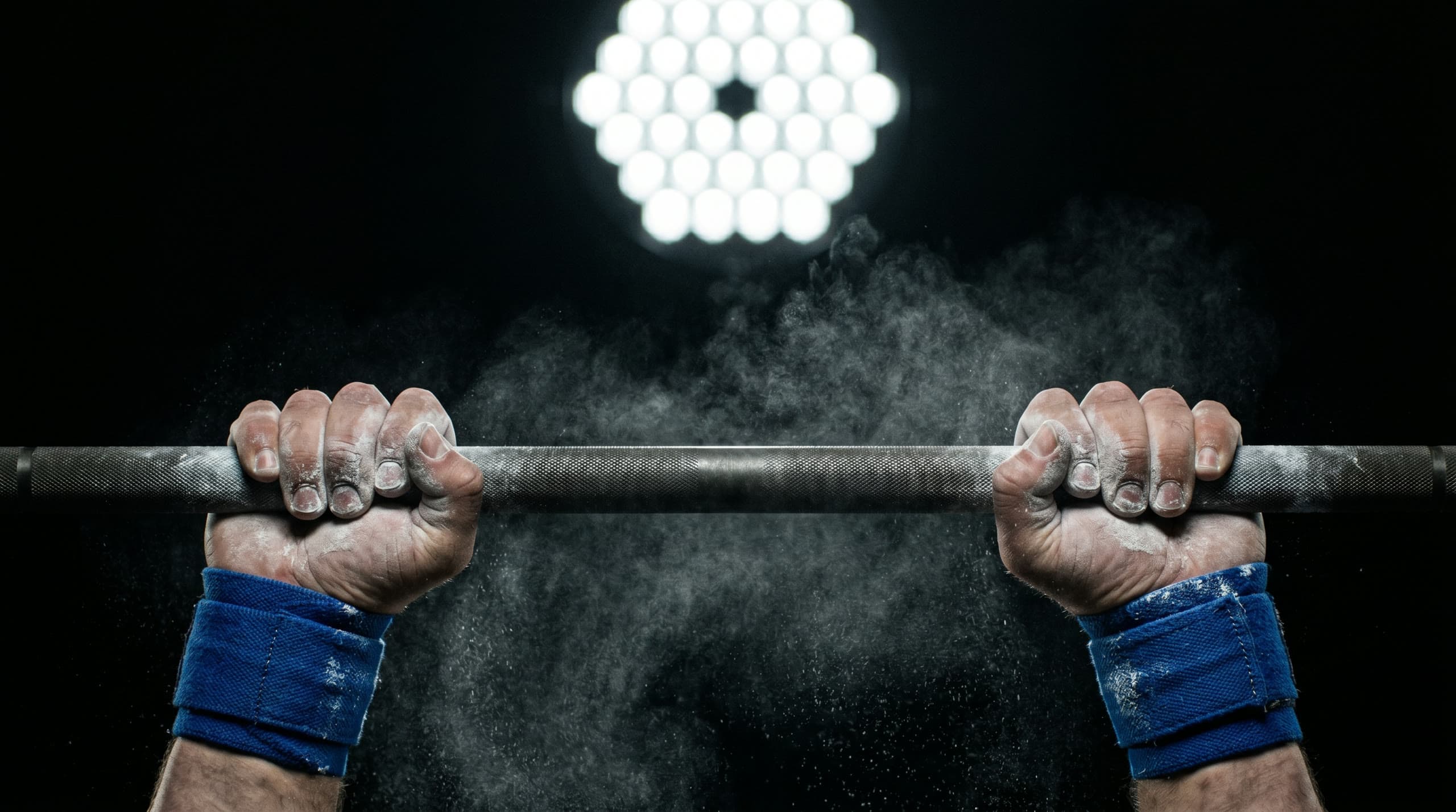 Chalked hands gripping a knurled barbell under the glow of a hexagonal LED cluster