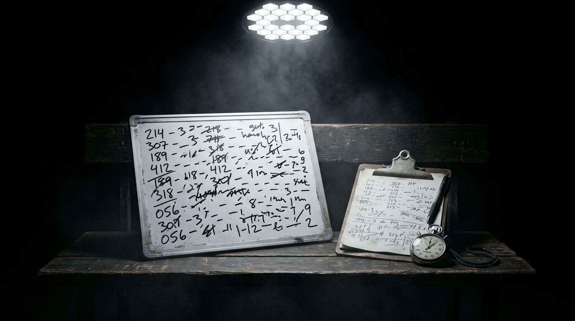 Whiteboard of starting numbers with a clipboard and stopwatch, lit by a hex LED cluster